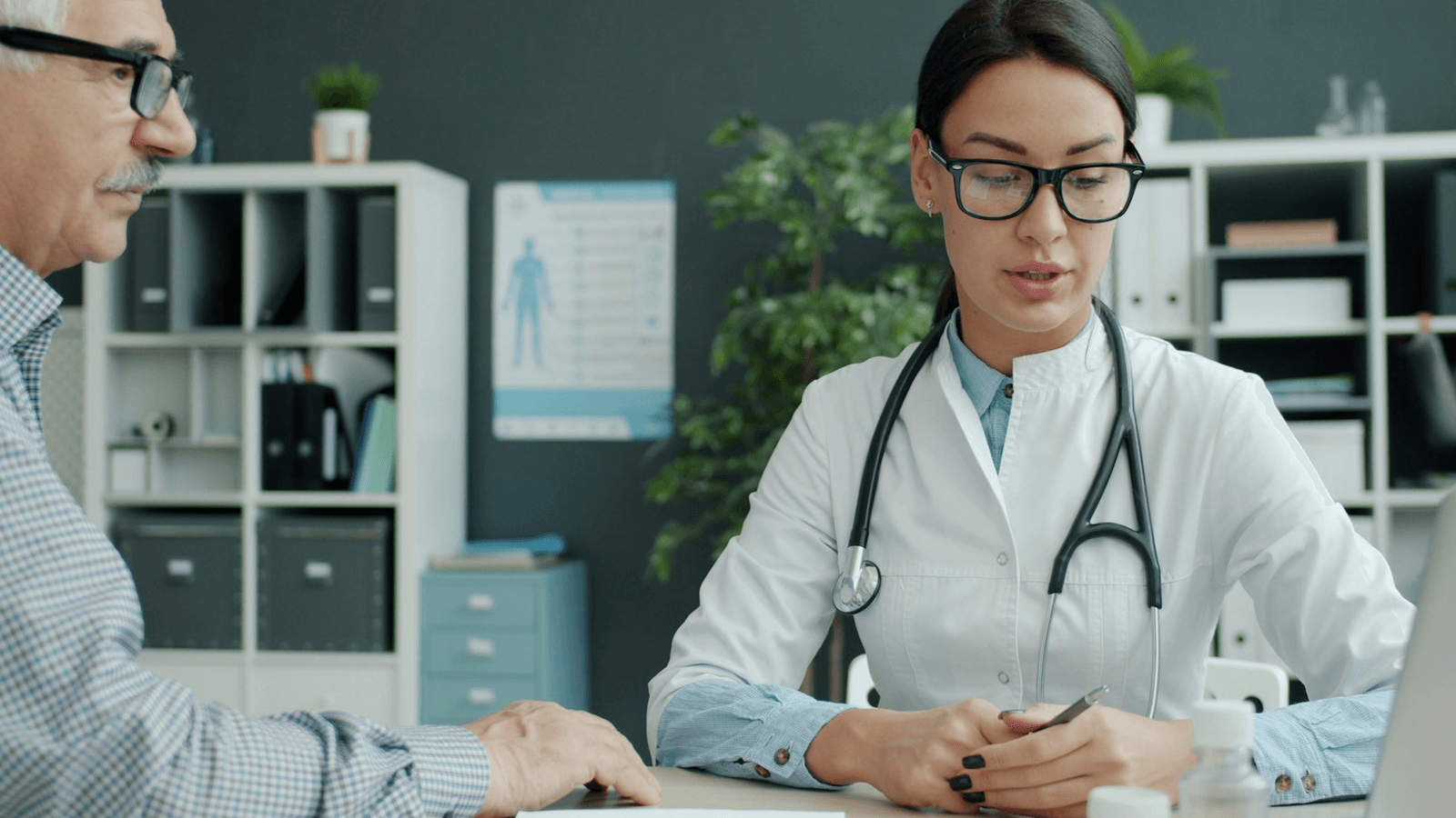 A doctor discusses a care plan with an older patient across a desk