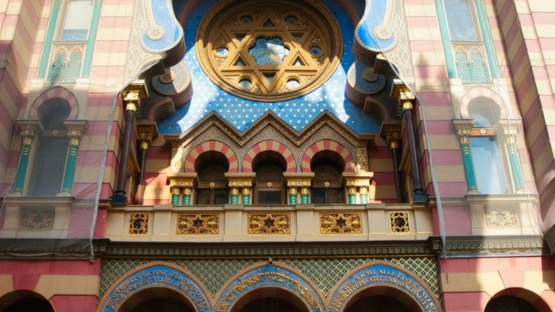 The ornate façade and Star of David of a European synagogue