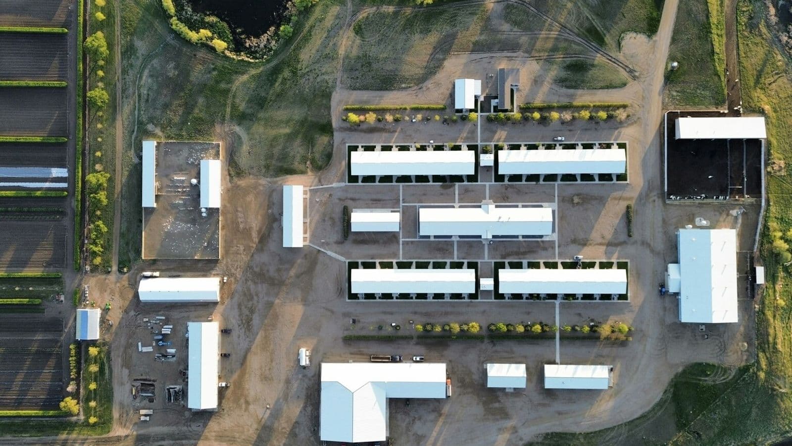 Aerial photograph of a Hutterite colony and surrounding farmland in Saskatchewan