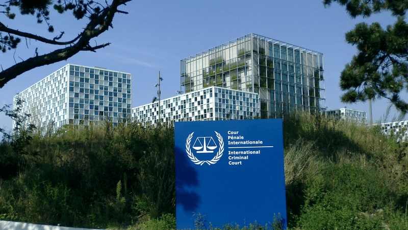 The International Criminal Court building and sign in The Hague