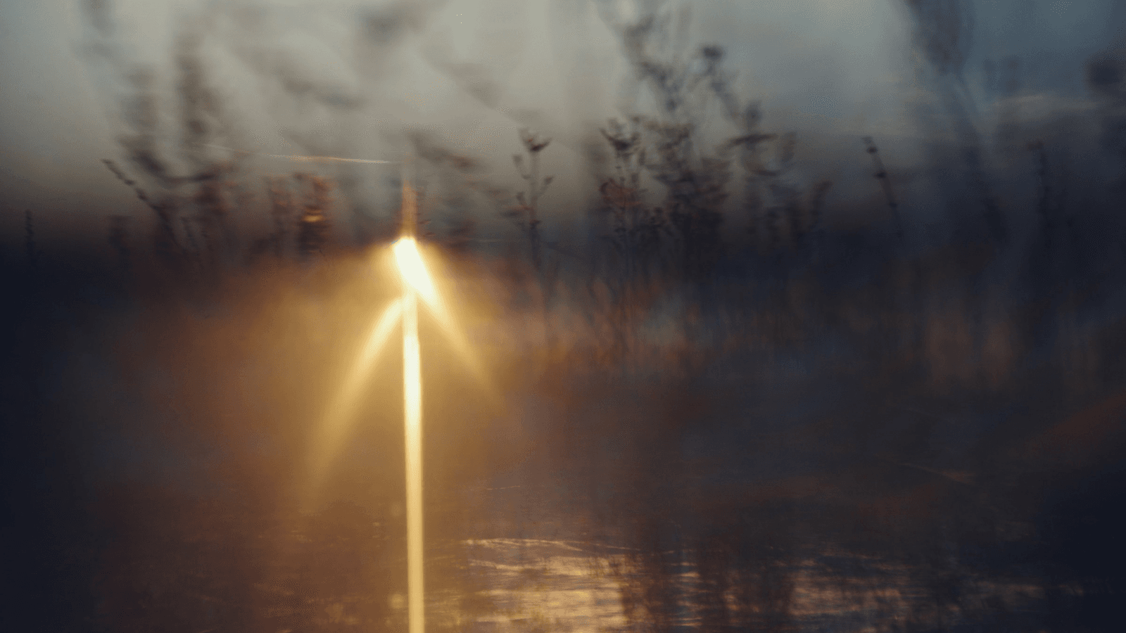 Golden sunlight breaks through a misty field at dusk