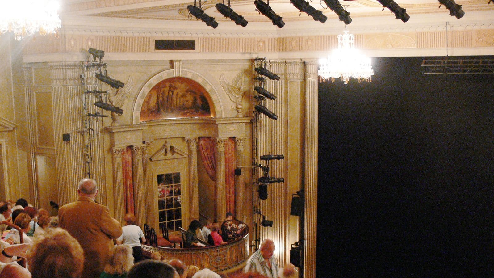 The interior of Broadway's Music Box Theatre viewed from the balcony