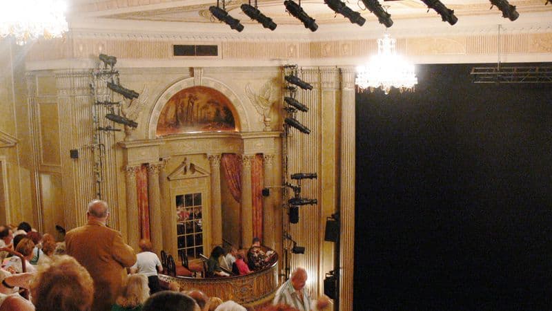 The interior of Broadway's Music Box Theatre viewed from the balcony