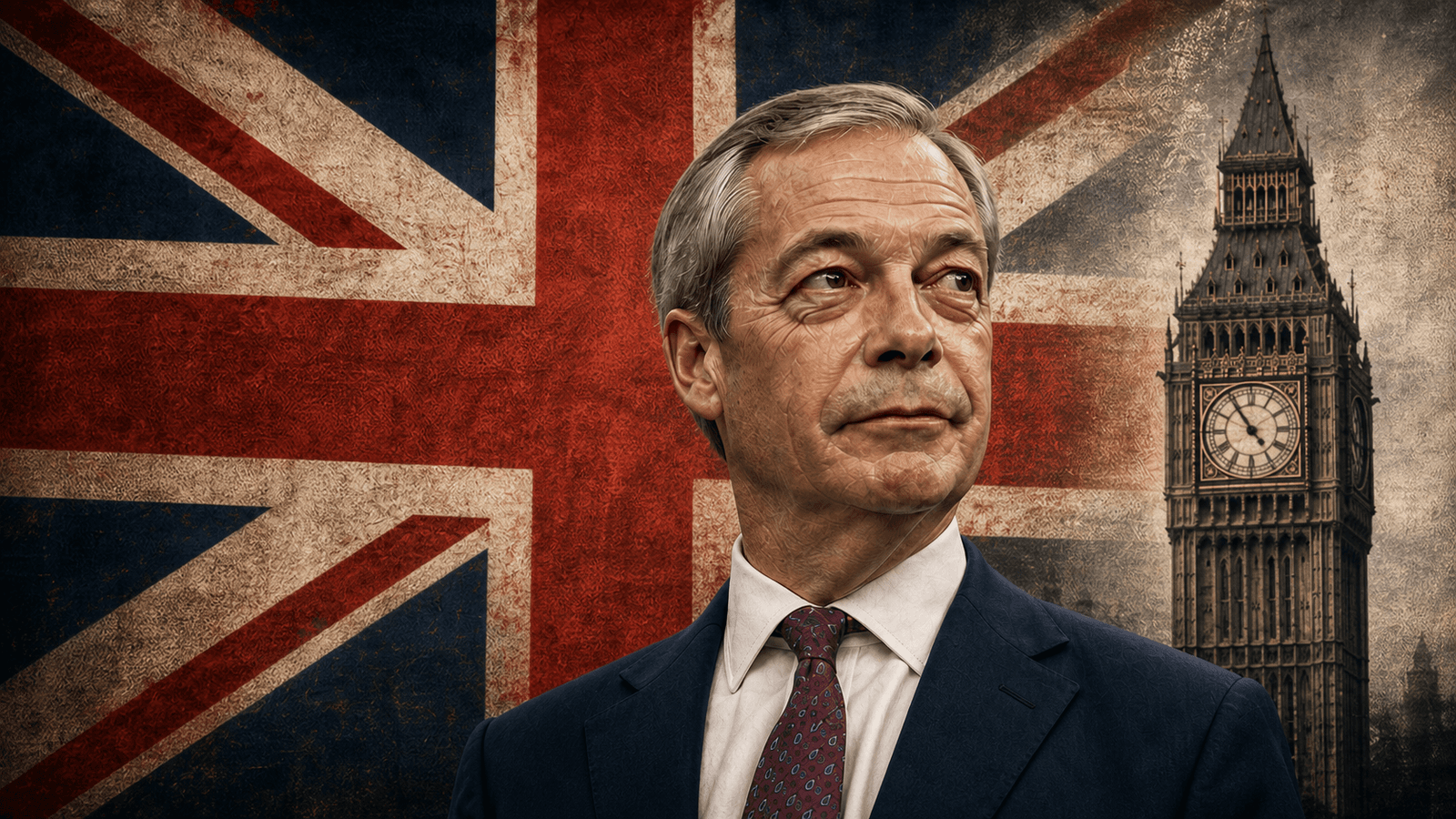 Editorial portrait of Nigel Farage before a weathered Union Jack and Big Ben